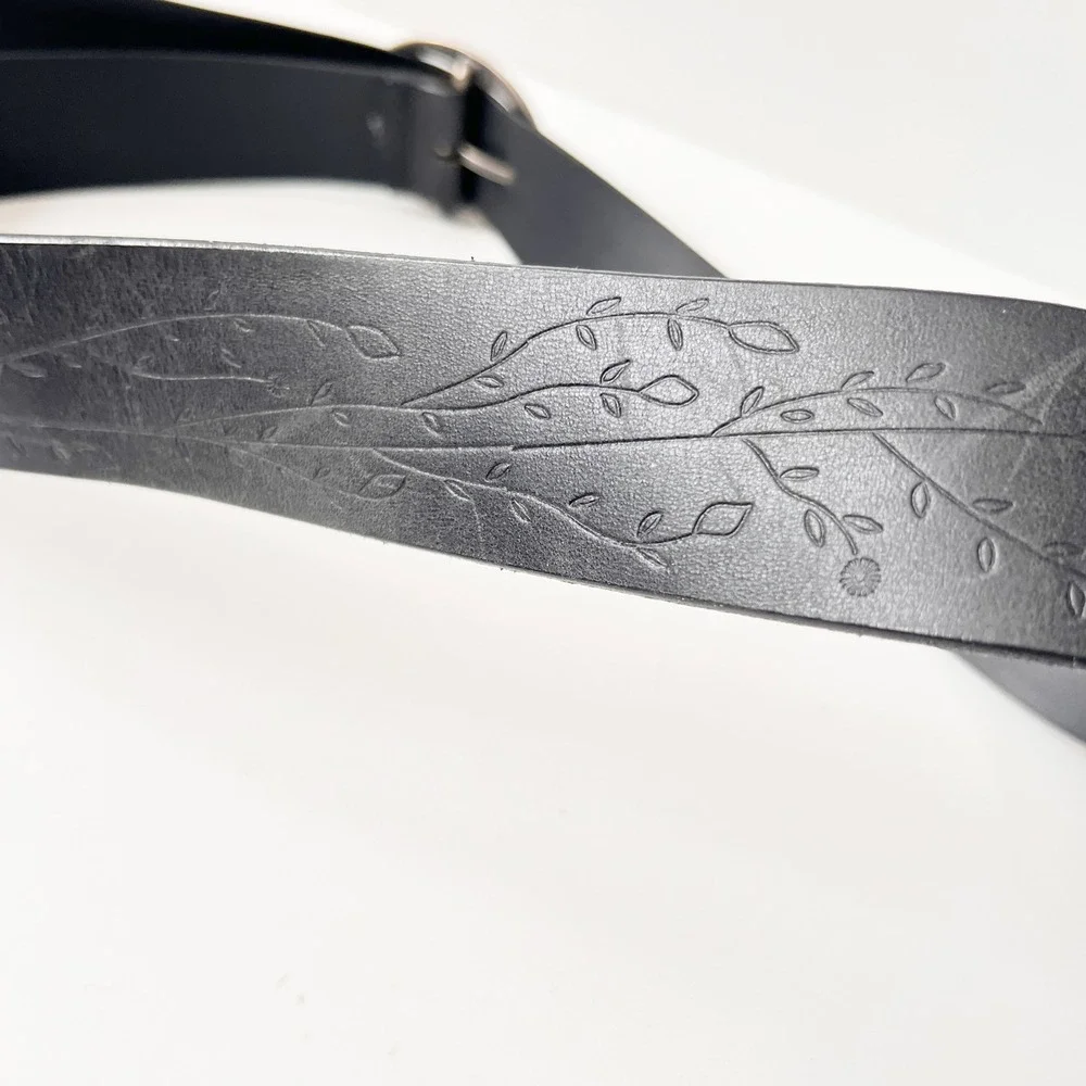 Eddie Bauer Leather Belt XL Black Floral Vine Embossed Boho 90s Silver Buckle